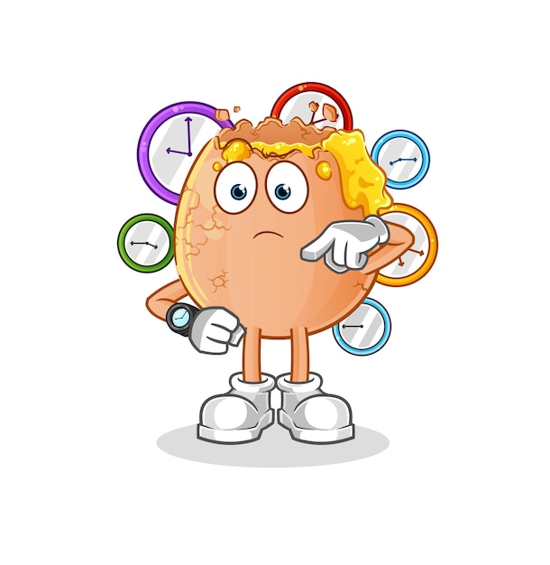 Huevo roto con dibujos animados de reloj de pulsera. vector de mascota de dibujos animados