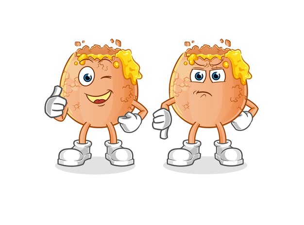 Huevo roto pulgar hacia arriba y pulgar hacia abajo. vector de mascota de dibujos animados