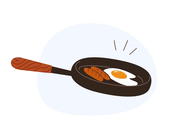 Huevo y salchicha en sartén caliente desayuno con comida frita