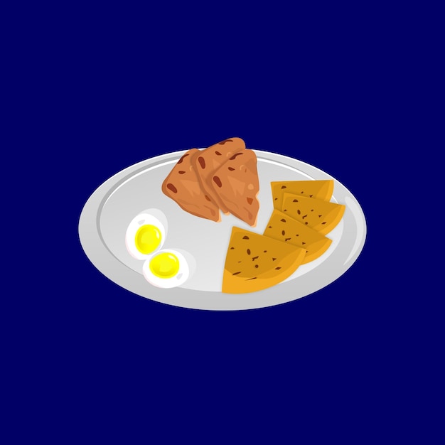 huevo, samosa y pan en un plato blanco