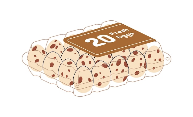 Huevos de codorniz en caja, envases de plástico, envasados en contenedores transparentes. Alimentos crudos frescos con cáscara manchada, cáscara de huevo manchada. Ilustración vectorial gráfica plana aislada sobre fondo blanco.