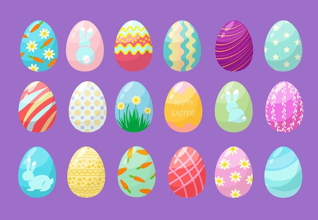 Vector huevos de colores. feliz celebración de pascua símbolos divertidos huevos decorados gráficos texturizados conjunto.