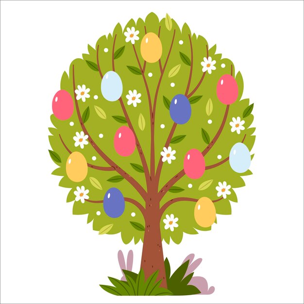 Huevos coloridos de Pascua en un árbol de primavera Postal Ilustración plana dibujada a mano