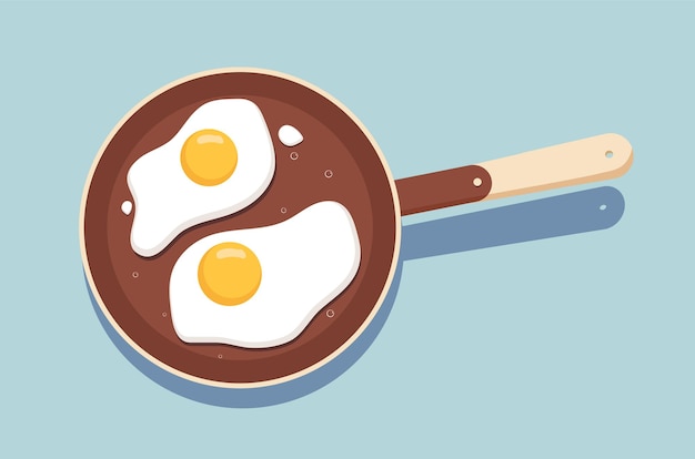 Huevos en el concepto de sartén Producto fresco natural y orgánico Desayuno tradicional de la mañana Diseño de plantilla y maqueta Ilustración de vector plano de dibujos animados aislado sobre fondo azul