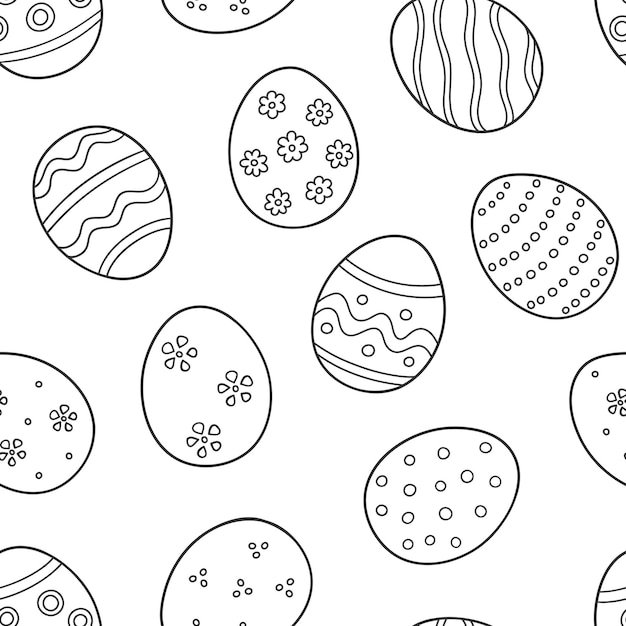 Huevos decorados como símbolo de la gran Semana Santa. Patrón sin costuras en estilo garabato sobre fondo blanco. Ilustración vectorial dibujada a mano