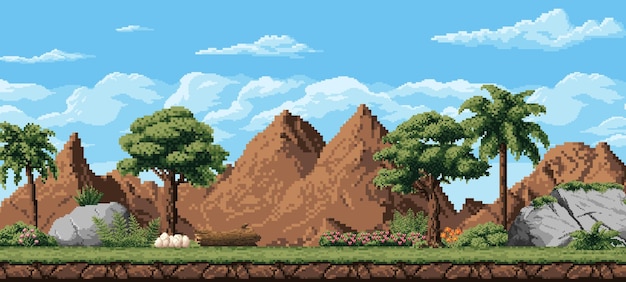 Huevos de dinosaurio de paisaje de juego prehistórico de 8 bits