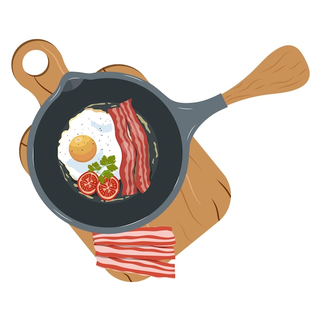 Huevos fritos con tocino en un vector de sartén sobre un fondo blanco