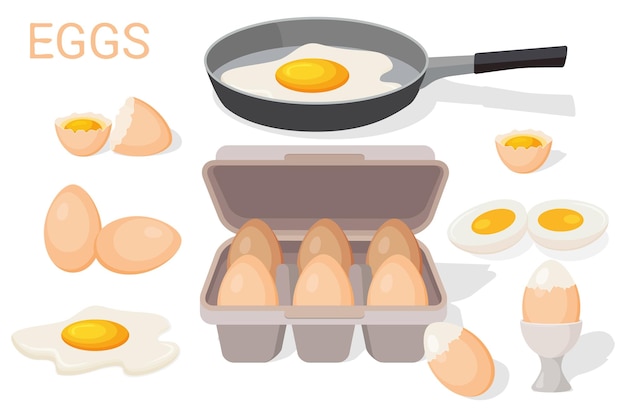 Huevos de gallinaUn conjunto de diferentes platos de huevo de gallinaHuevos fritos en una sartén huevos cocidos