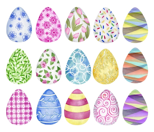 Huevos de Pascua colección decorada geométrica y floral Conjunto de imágenes prediseñadas dibujadas a mano de acuarela Elementos de diseño de Pascua para invitación de impresión de postal