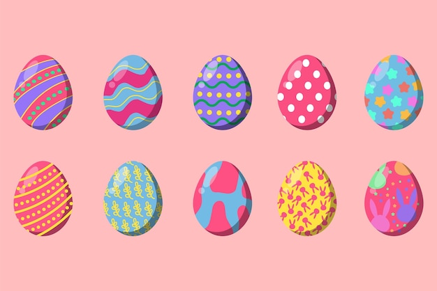 Huevos de pascua de color o iconos de huevo de ostern de color con patrones de decoración ilustración vectorial