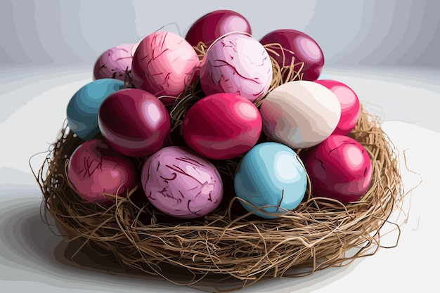 Huevos de Pascua de colores caseros en la canasta de Pascua al aire libre en la hierba Huevos de pascua en la canasa en el rústico