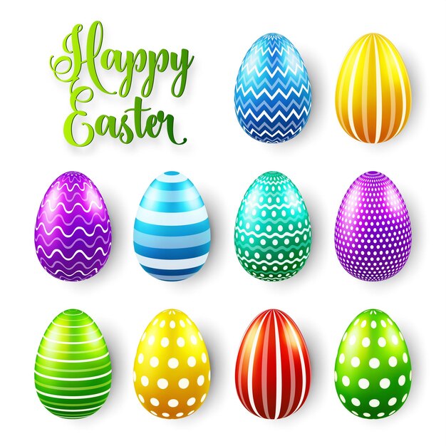 Huevos de Pascua de colores establecidos vacaciones de primavera en abril regalo celebración estacional caza de huevos domingo