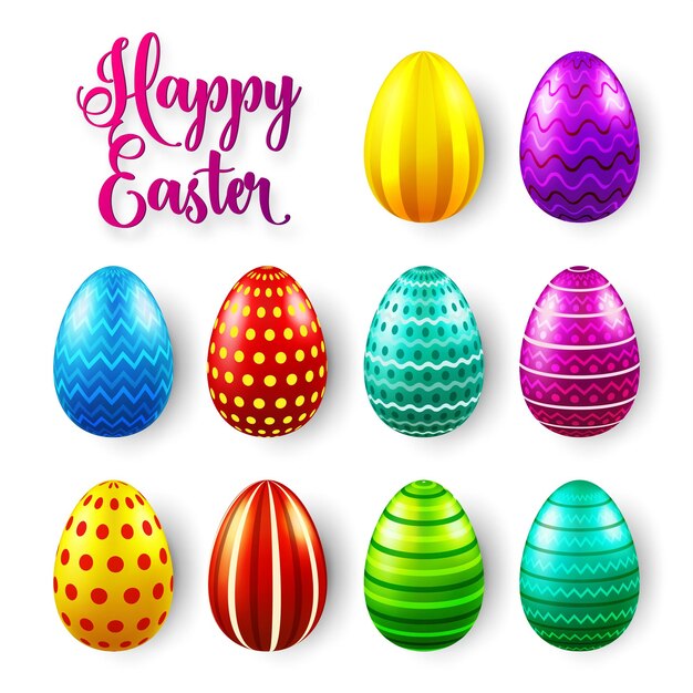 Huevos de Pascua de colores establecidos vacaciones de primavera en abril regalo celebración estacional caza de huevos domingo