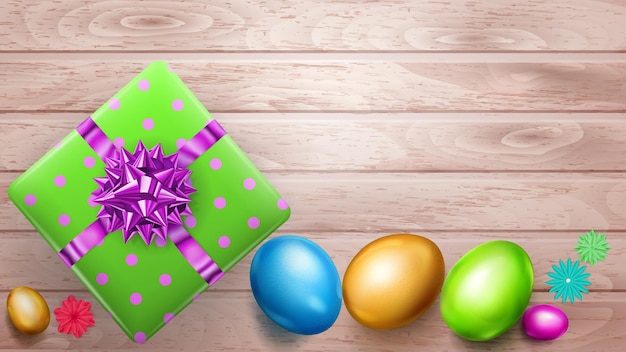 Vector huevos de pascua de colores realistas y hermosa caja de regalo con lazo en tablones de madera