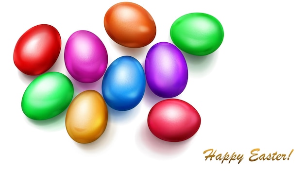 Huevos de Pascua de colores realistas con sombras sobre fondo blanco.