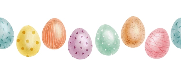 Huevos de Pascua coloridos y lindos Frontera sin costuras de huevos de pascua con colores pastel Ilustración de acuarela aislada plantilla para tarjetas de Pascua cubre carteles e invitaciones