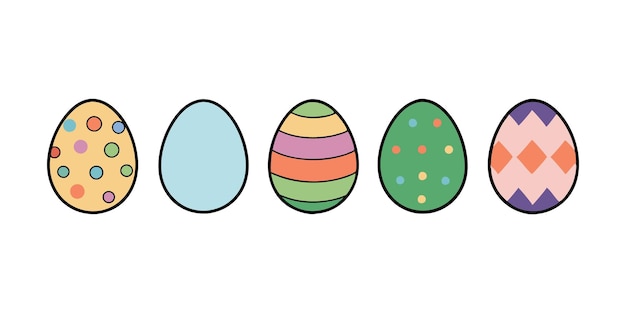 Huevos de Pascua coloridos con patrones decorativos en un simple estilo dibujado a mano sobre un fondo blanco