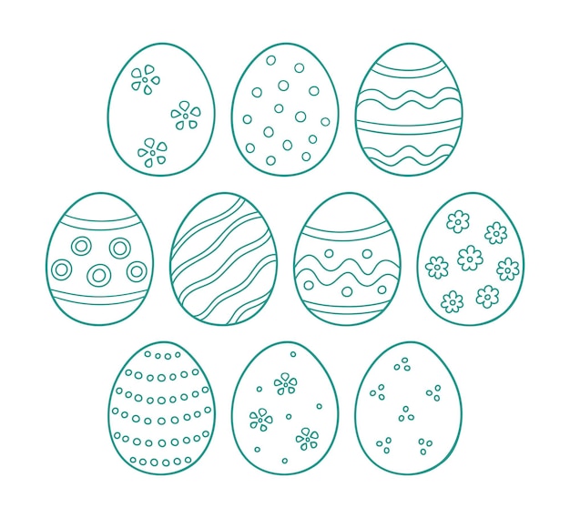 Huevos de pascua como símbolo de la gran fiesta religiosa. conjunto de objetos vectoriales en estilo garabato sobre fondo blanco