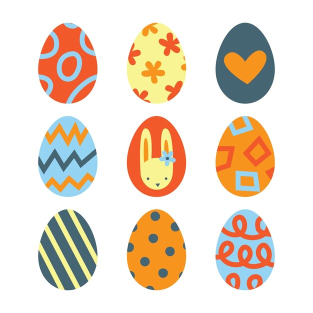 Vector huevos de pascua con decoración símbolos de vacaciones colección de colores brillantes en estilo retro vinatge