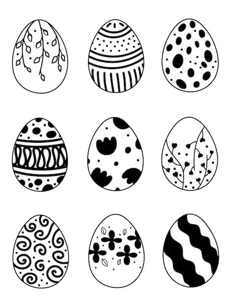 Vector huevos de pascua decorados con adornos y flores imágenes en blanco y negro de huevos de pascua doodle