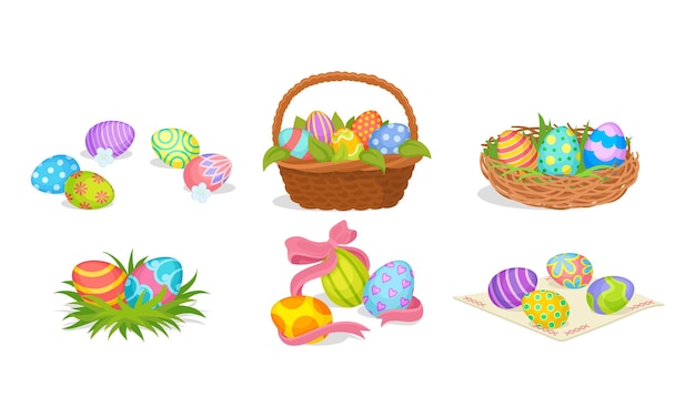 Huevos de Pascua descansando en el conjunto de vectores de canasta y nido