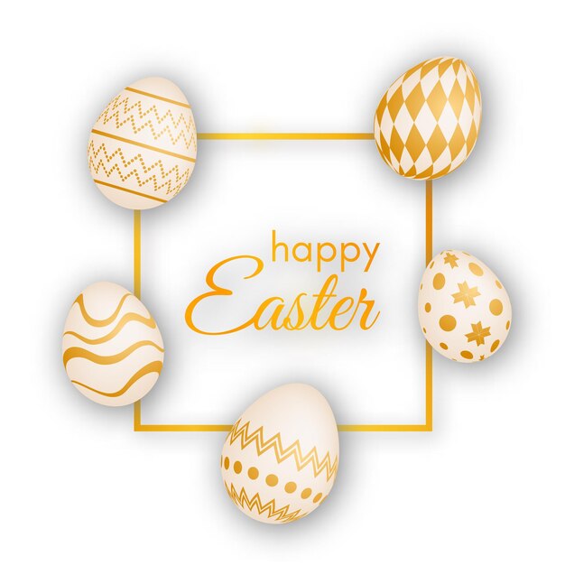 Huevos de Pascua dorados alrededor del marco dorado e inscripción Feliz Pascua Plantilla de fondo de vacaciones Tarjeta de felicitación Ilustración vectorial