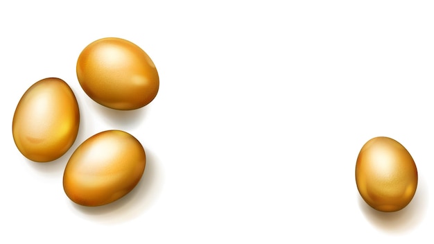 Vector huevos de pascua dorados realistas con sombras sobre fondo blanco