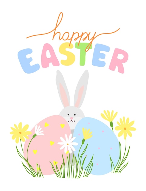 Huevos de Pascua con flores de conejo y letras de colores Tarjeta de felicitación para el día de Pascua