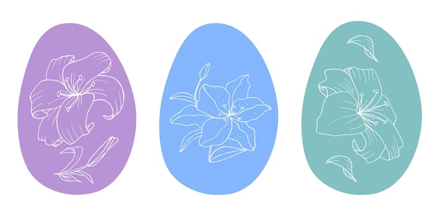 Huevos de pascua con flores conjunto aislado vectorial dibujado a mano en estilo garabato para carteles de tarjetas de felicitación a