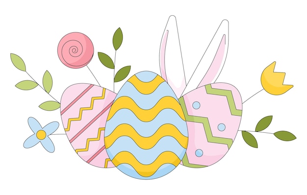 Vector huevos de pascua flores de primavera objeto de dibujos animados lineal 2d.