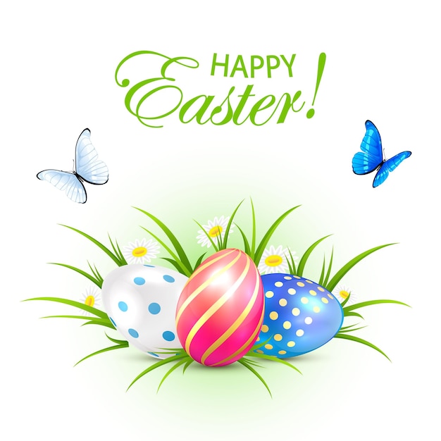 Huevos de Pascua en hierba y mariposas sobre fondo blanco, ilustración.