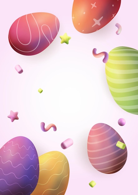 Huevos de Pascua multicolores confeti 3D realista Ilustración vectorial espacio de copia