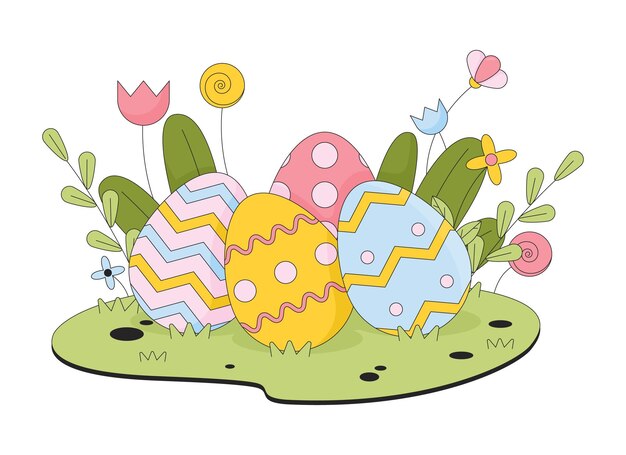 Huevos de Pascua ocultos en las flores de la hierba Ilustración plana de dibujos animados