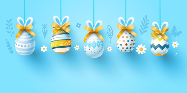 Huevos de Pascua con orejas de conejo e ilustración vectorial de arco