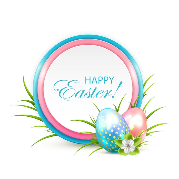 Huevos de Pascua con pancarta y flor, ilustración.