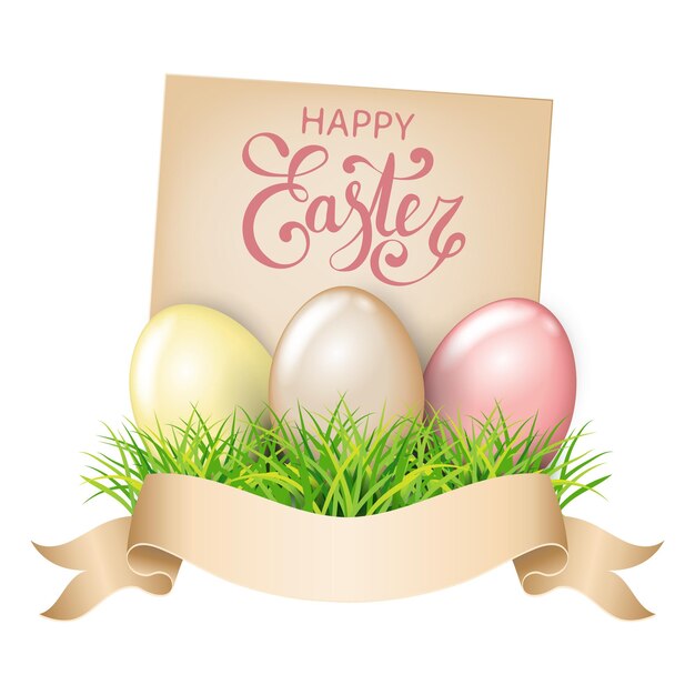 Huevos de Pascua en papel de hierba verde con texto y cinta aislados sobre fondo blanco