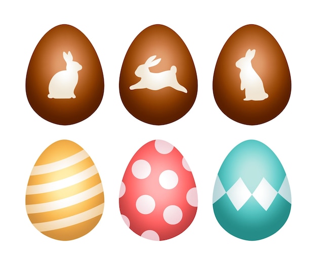 Huevos de Pascua con patrón clásico colorido y chocolate con ilustración vectorial de silueta de conejo