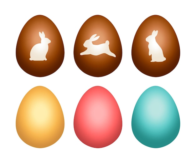 Huevos de Pascua con patrón clásico colorido y chocolate con ilustración vectorial de silueta de conejo