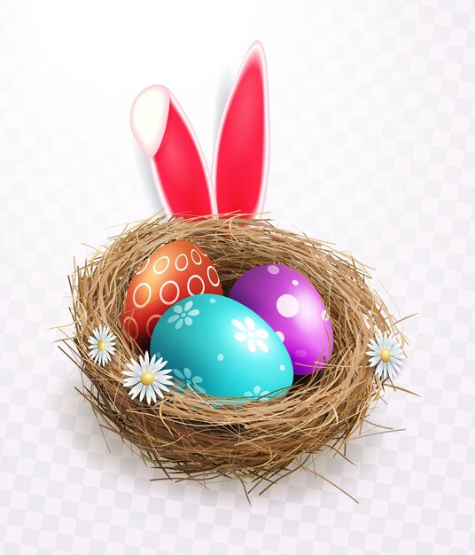 Huevos de pascua con un patrón en un nido de paja con elementos de diseño de flores.
