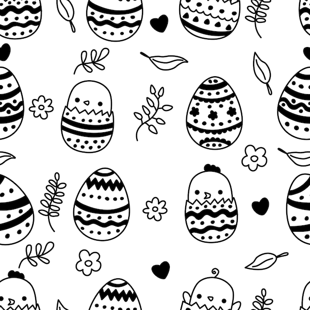 Huevos de Pascua y patrones sin fisuras de pollo Doodle Pascua Blanco y negro arte de línea vacaciones Dibujado a mano