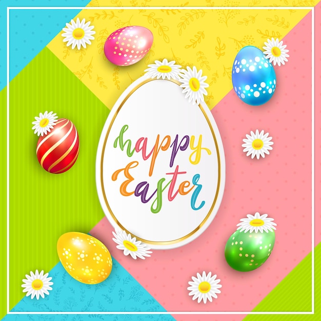 Huevos de Pascua pintados con flores y letras Feliz Pascua en colores de fondo, ilustración.