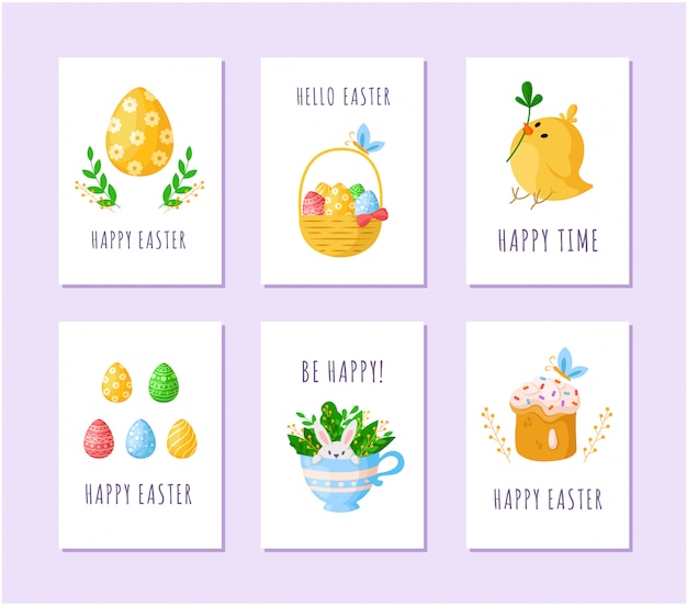Huevos de pascua, pollo de dibujos animados, pastel dulce, lindo conejo en taza de té, canasta con huevos de pascua - tarjetas