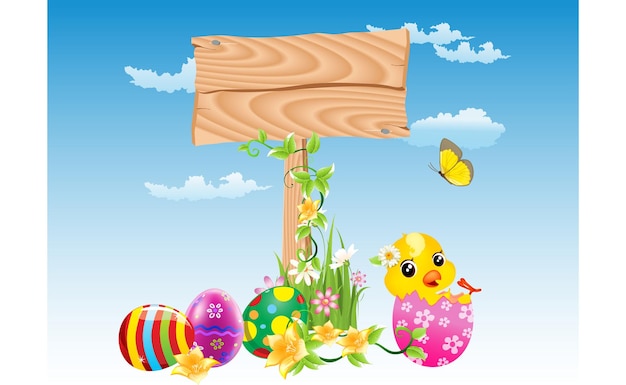 Huevos de Pascua un pollo y una mariposa con un letrero de madera