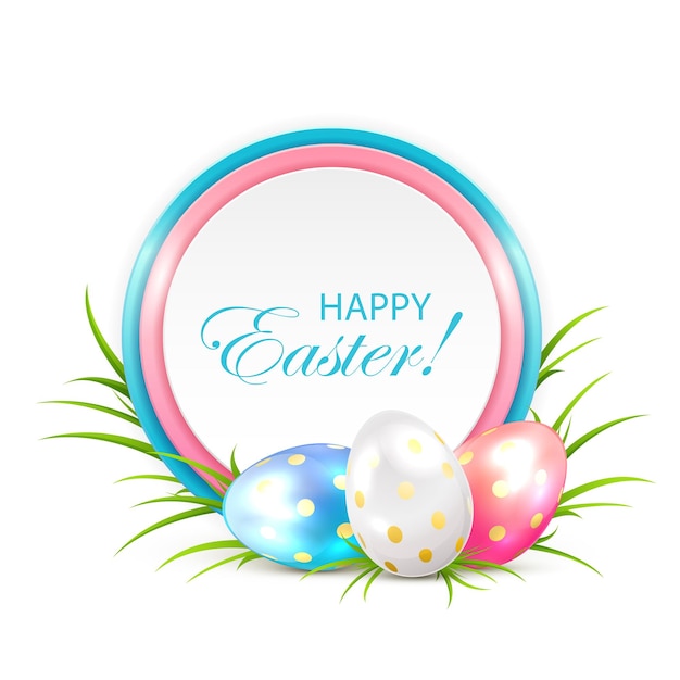 Huevos de Pascua con tarjeta en una hierba, ilustración.
