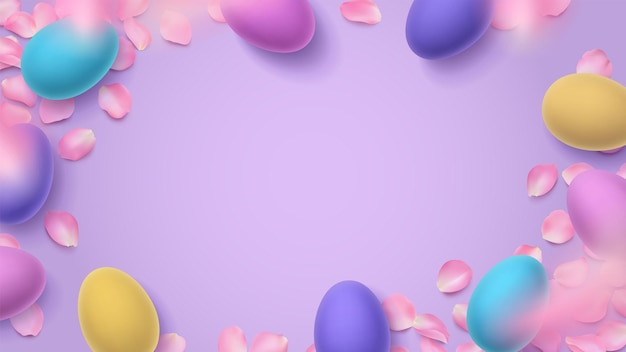 Huevos de pascua volumétricos pintados y pétalos de rosa 3d sobre fondo lila ilustración de vector brillante con lugar para espacio de copia de texto fondo de pantalla multicolor para vacaciones cristianas de primavera