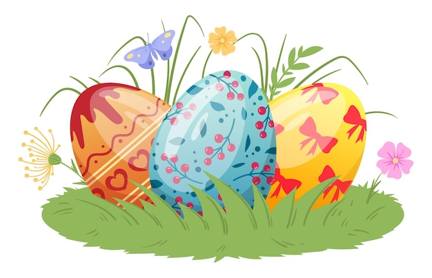 Huevos pintados de Pascua de dibujos animados Huevos de vacaciones de primavera en el césped Ilustración de vector plano de huevos decorativos coloridos de Pascua