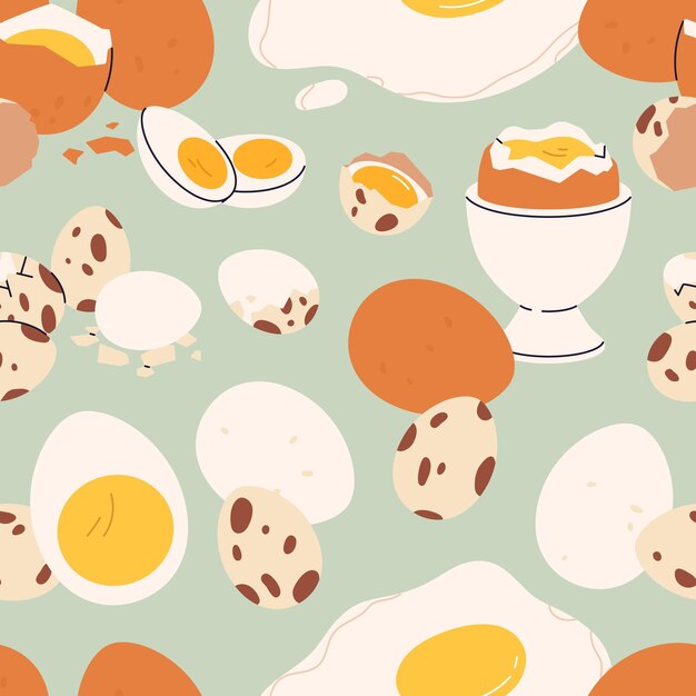 Huevos de pollo y codorniz patrón sin costuras proteína cruda y cocida cáscara de alimentos impresión repetitiva fondo sin fin para la decoración ilustración vectorial plana para envolver tela textil