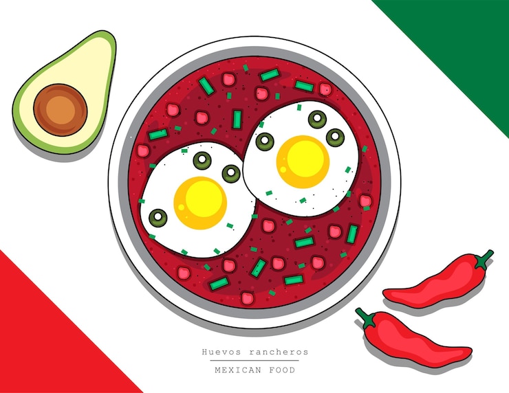Vector huevos rancheros o desayuno frito con huevo como menú de restaurante de méxico