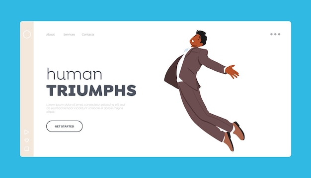 Human Triumphs Landing Page Template Personaje masculino suspendido en el aire en vuelo Sintiendo aventura y emoción