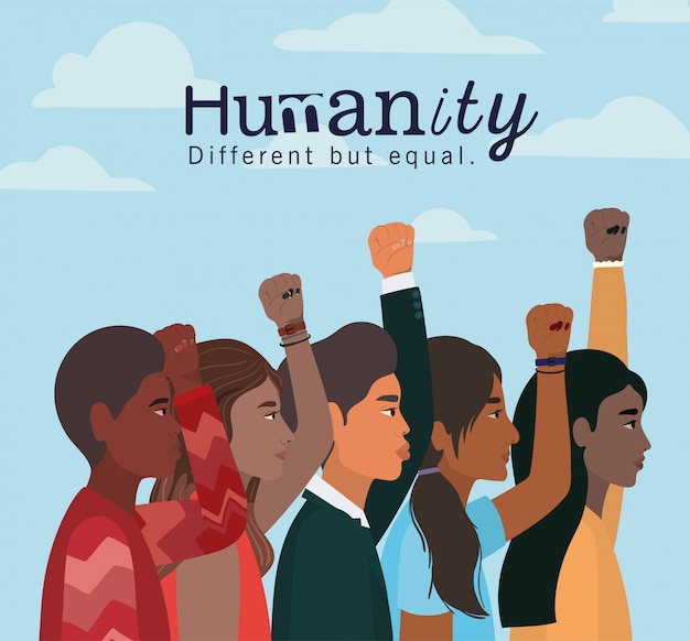 Humanidades mujeres y hombres dibujos animados con puños arriba y diseño de nubes, diversidad de personas, raza multiétnica y tema comunitario.